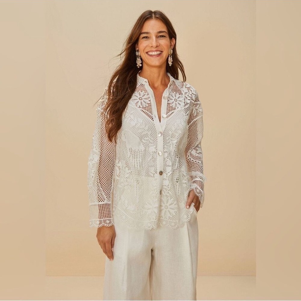 FARM Rio White Crochet Lace Button-Front Blouse - Picture 3 of 5